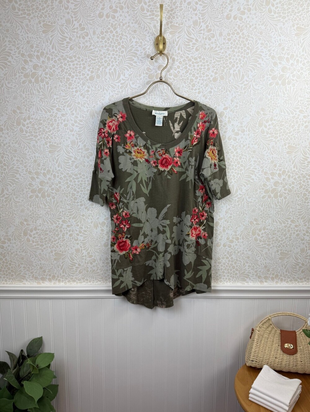 Sundance Olive Green Oversized Floral Embroidered Tunic Top - Size - XS